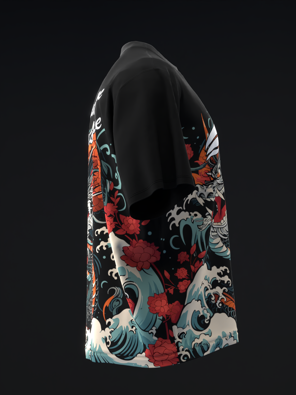 Black bowling jersey with red flowers and blue wave graphic pattern, side view
