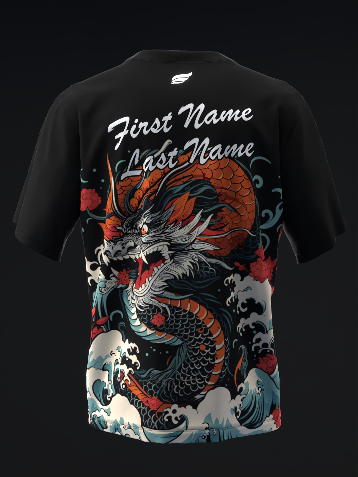Black bowling jersey with dragon graphic, waves, and customizable name text