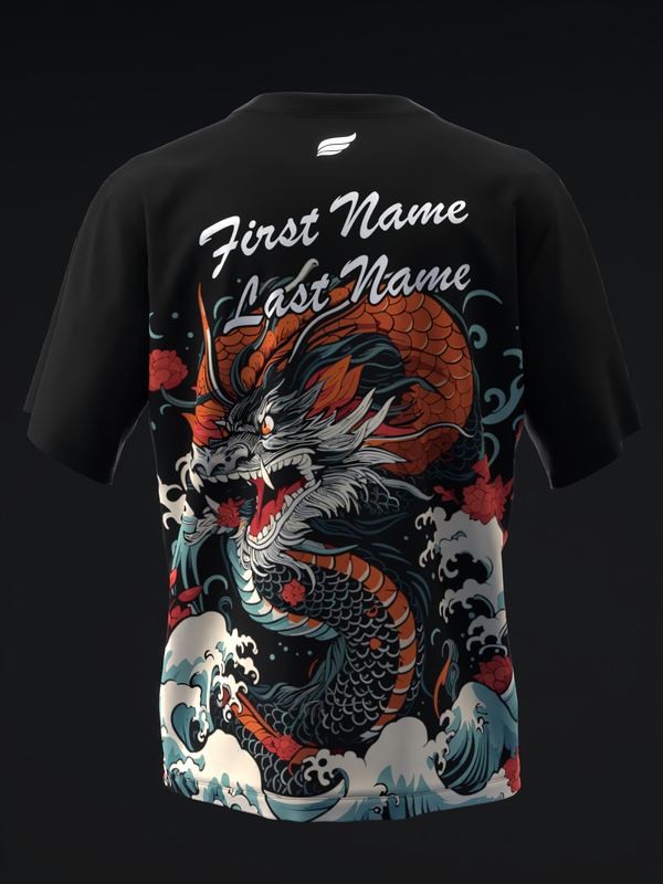 Black bowling jersey with dragon graphic, waves, and customizable name text