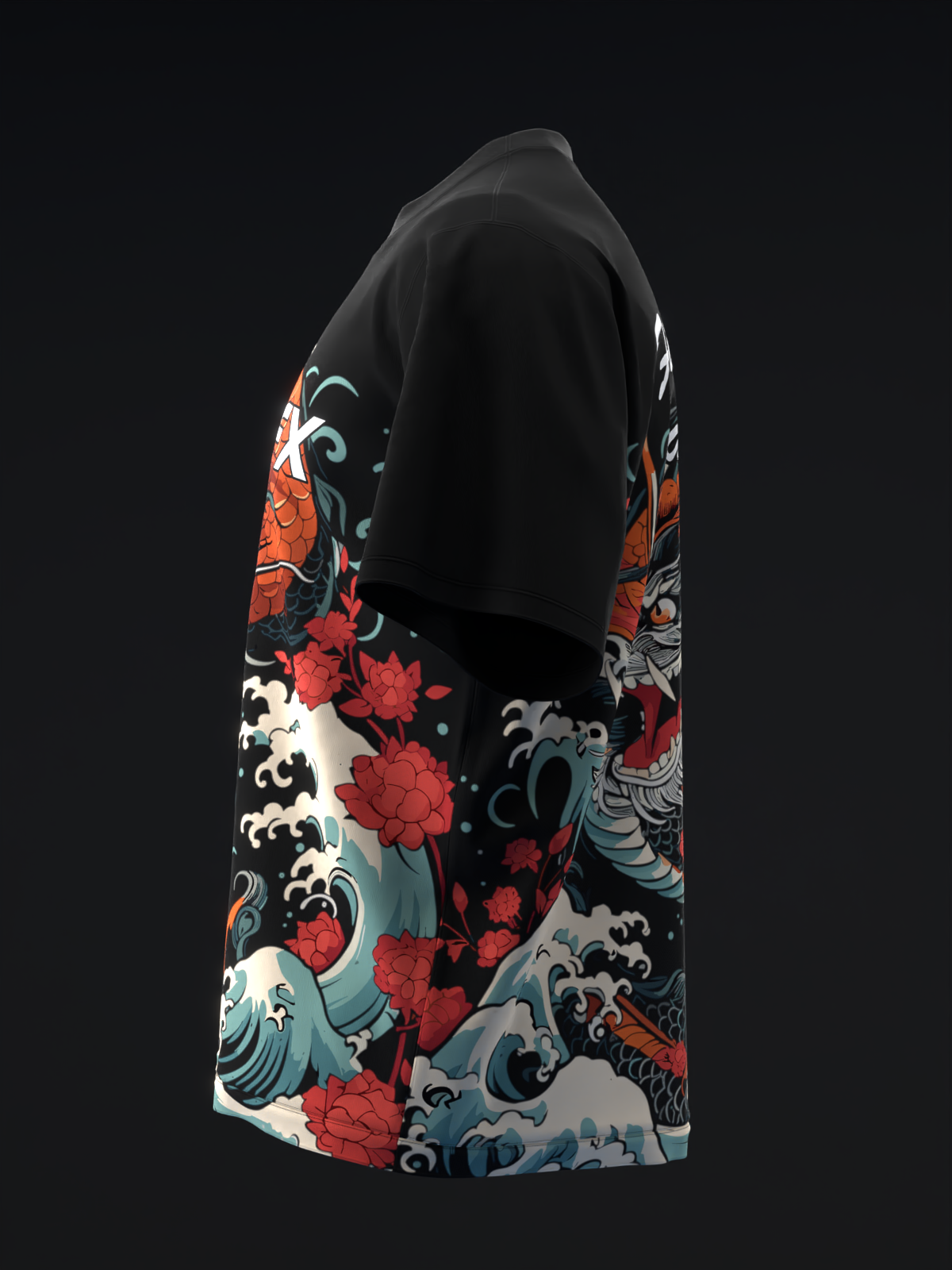 Black bowling jersey with red flowers and blue wave pattern on sleeves