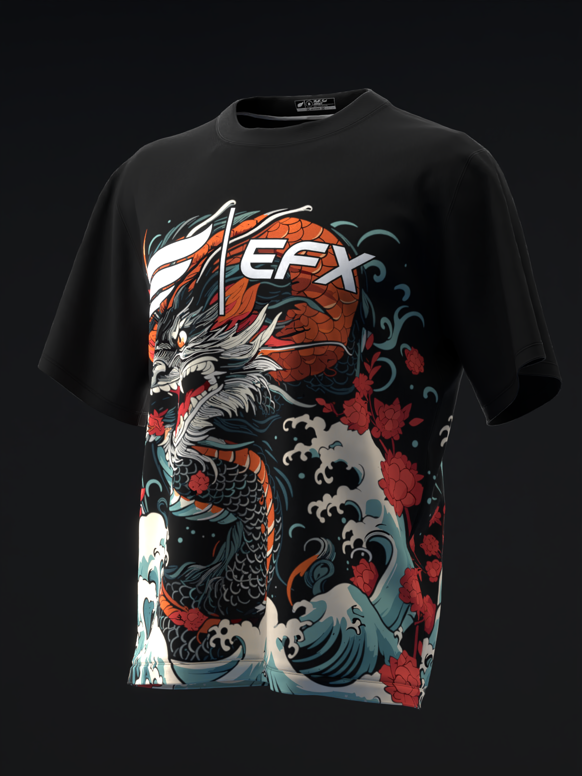 Black bowling jersey front with dragon and wave graphic in red, white, and teal