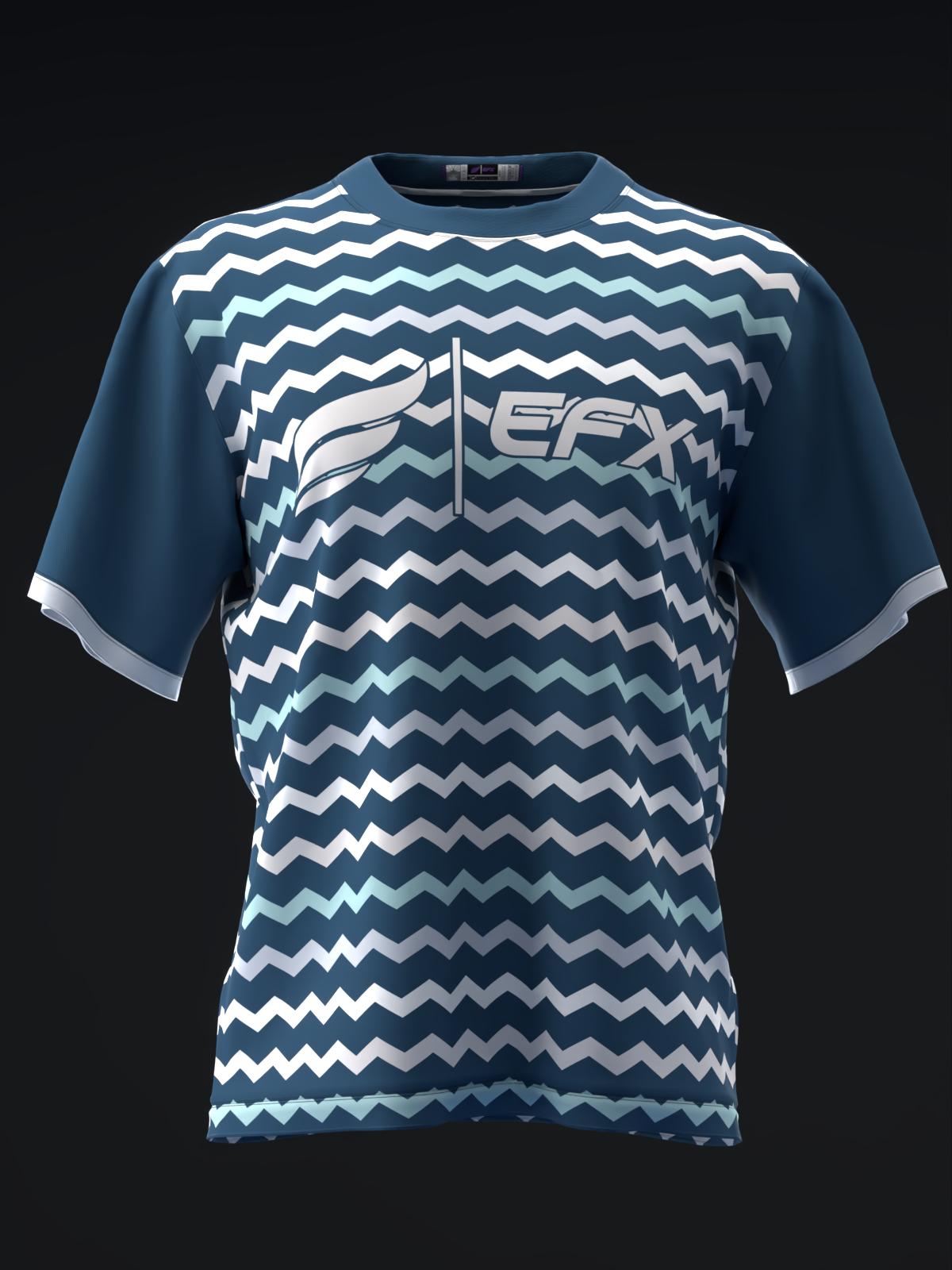 Navy bowling jersey with white zigzag pattern and EFX logo, front view