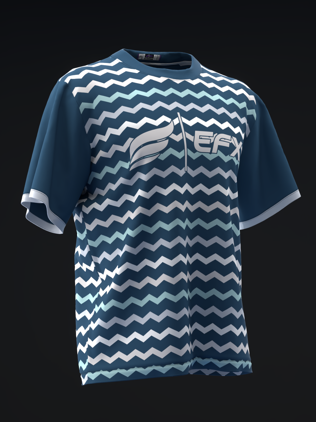 Navy bowling jersey with white and tan zigzag pattern and EFX logo