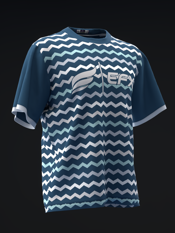 Navy bowling jersey with white and tan zigzag pattern and EFX logo