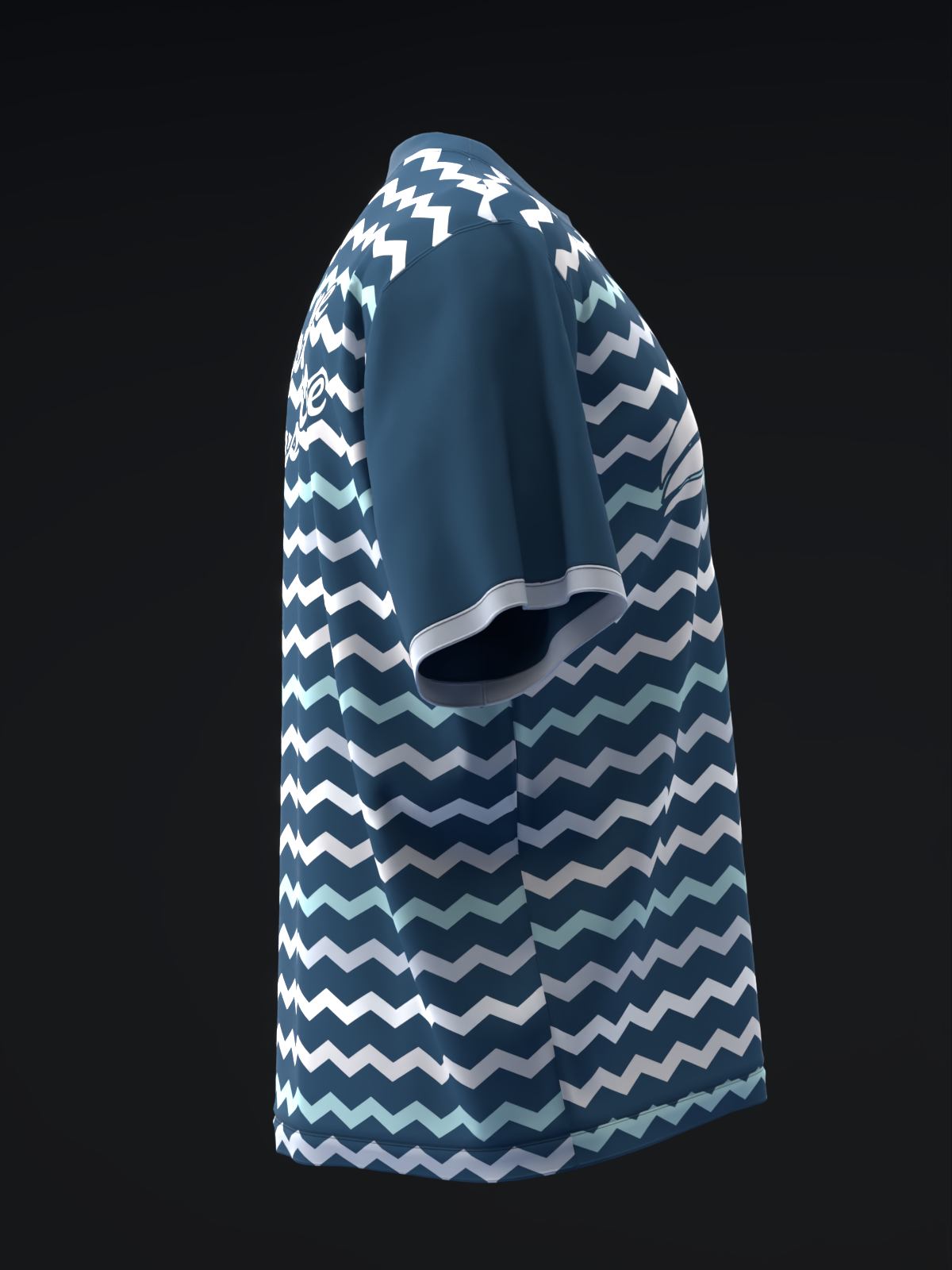 Navy bowling jersey with white and tan zigzag pattern, side view