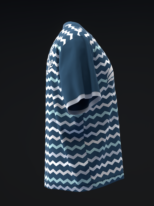 Navy bowling jersey with white and tan zigzag pattern, side view