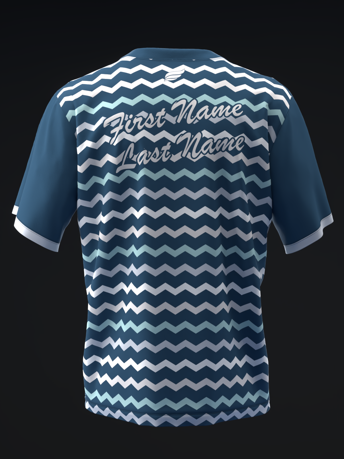 Navy bowling jersey with white and light blue chevron pattern and personalization text on back