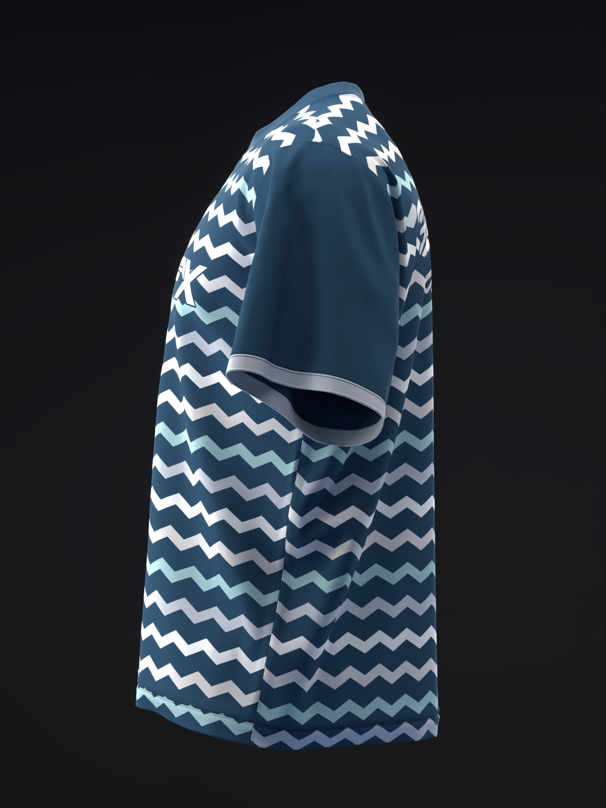 Navy bowling jersey with white zigzag pattern, side view