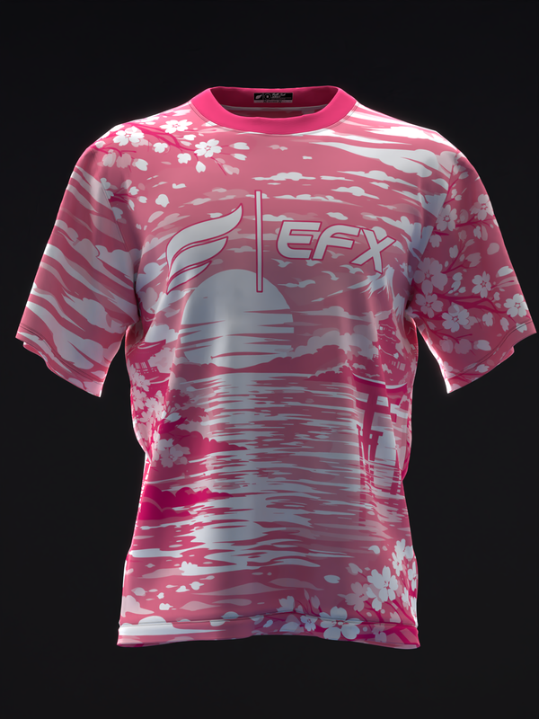 Pink bowling jersey with white floral and wave pattern design, front view