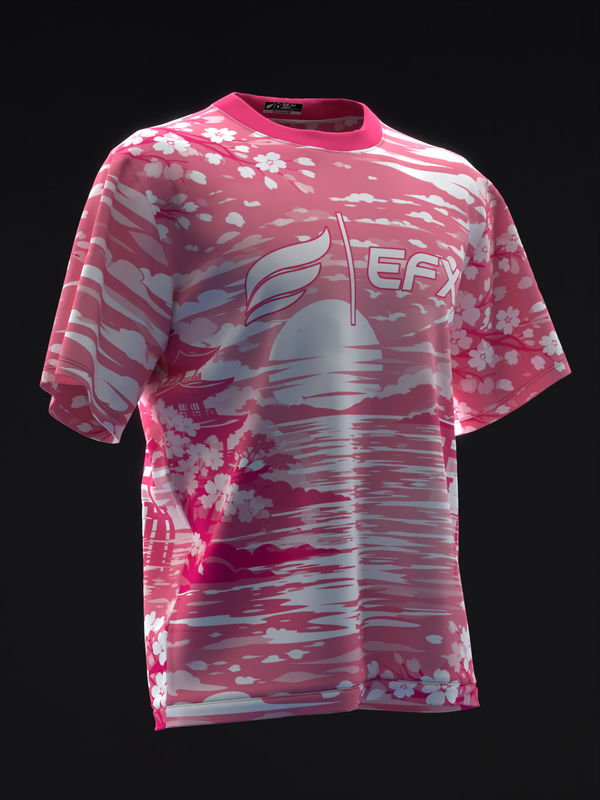 Pink bowling jersey with white floral and striped pattern, front view