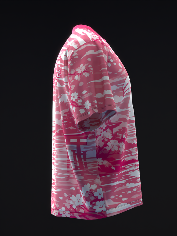 Pink and white bowling jersey with floral and striped pattern, side view