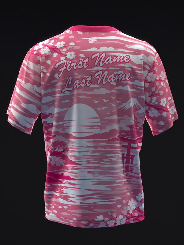 Pink bowling jersey with floral pattern and personalized name text, back view