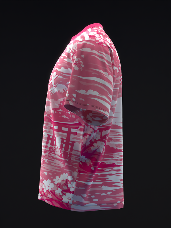 Pink and white bowling jersey with abstract floral and geometric pattern, side view