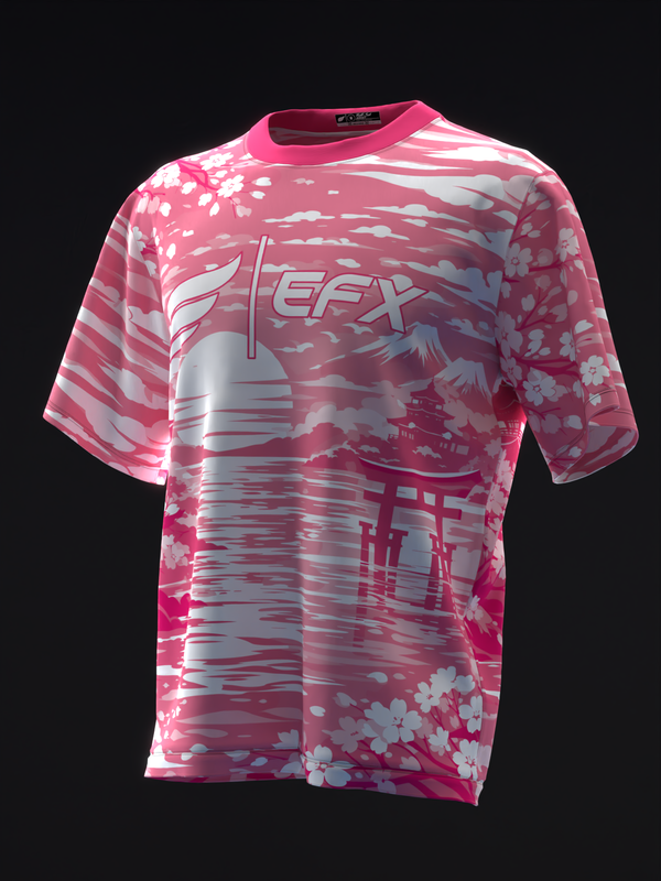 Pink bowling jersey with white floral and abstract striped design, front view