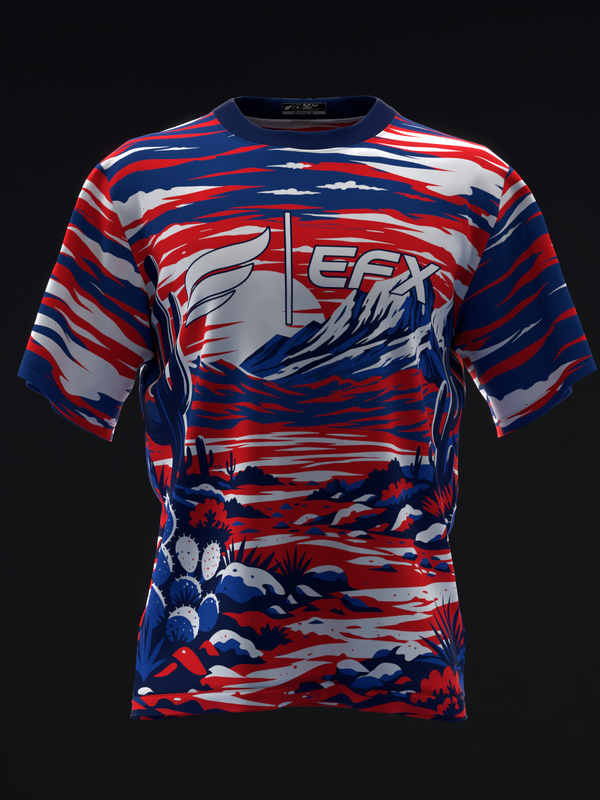 Front view of red, white, and navy striped bowling jersey with EFX logo and graphic design