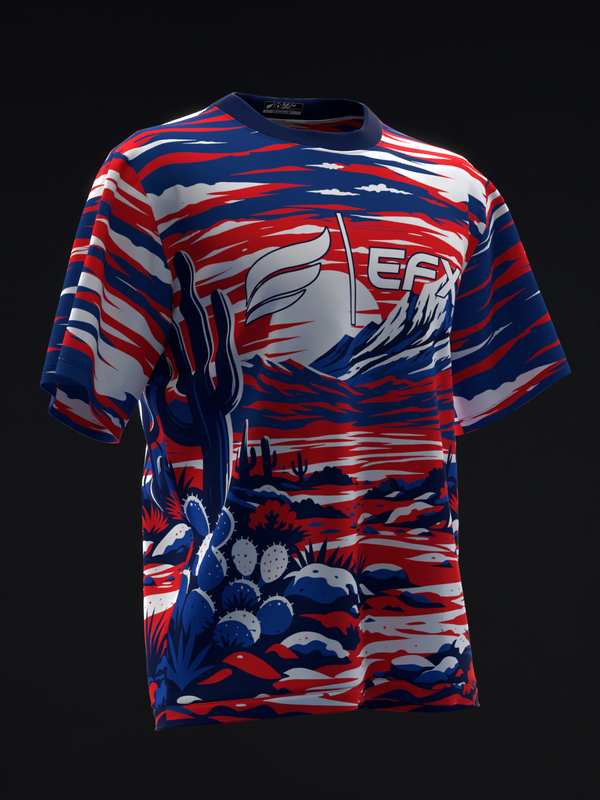 Red, white, and navy bowling jersey with abstract feather and landscape graphic design