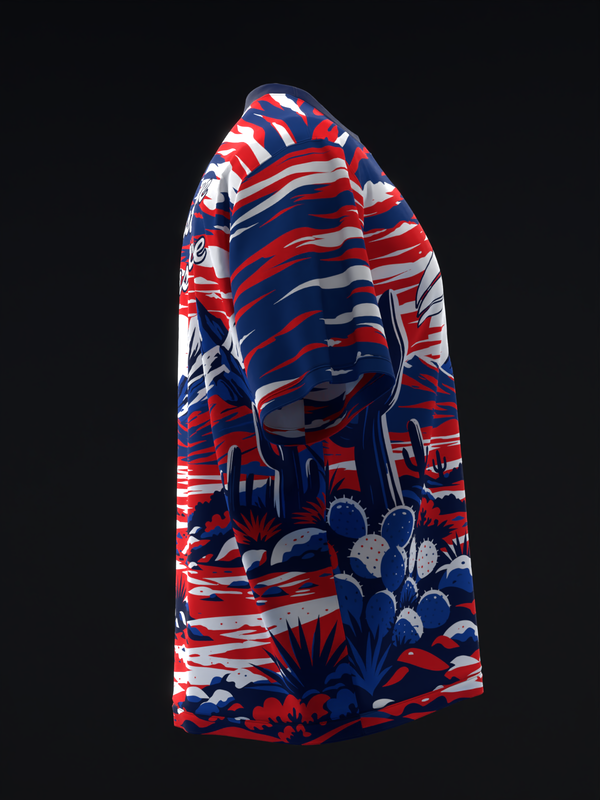 Red, white, and navy bowling jersey with southwestern desert graphic design, side view