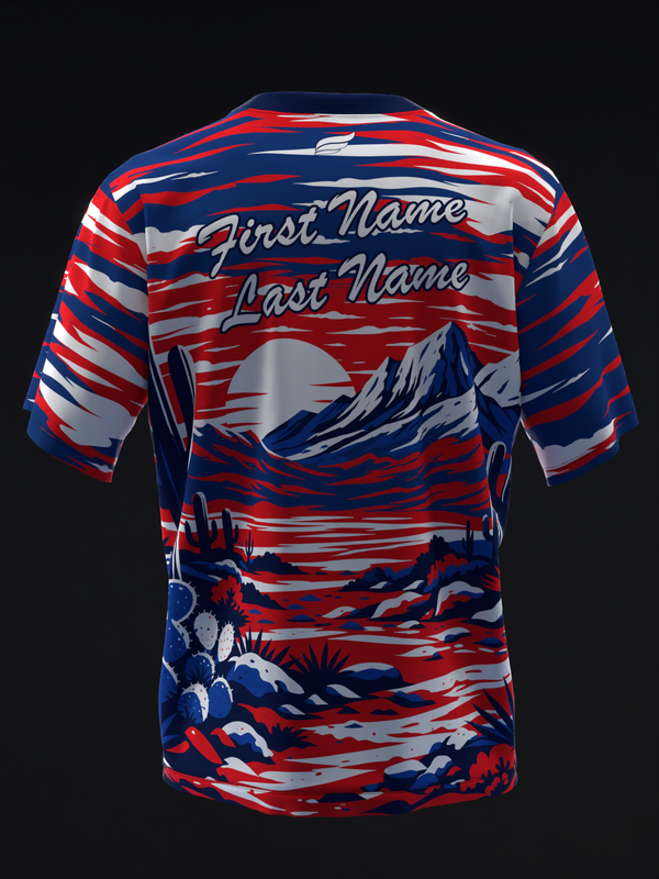 Red, white, and navy bowling jersey back with mountain landscape graphic and personalization fields