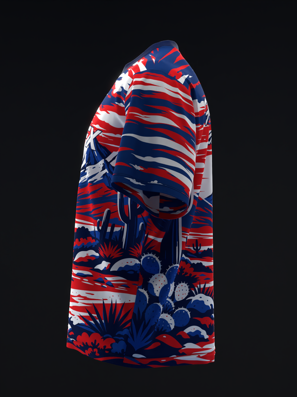 Red, white and blue bowling jersey with abstract geometric and floral pattern, side view