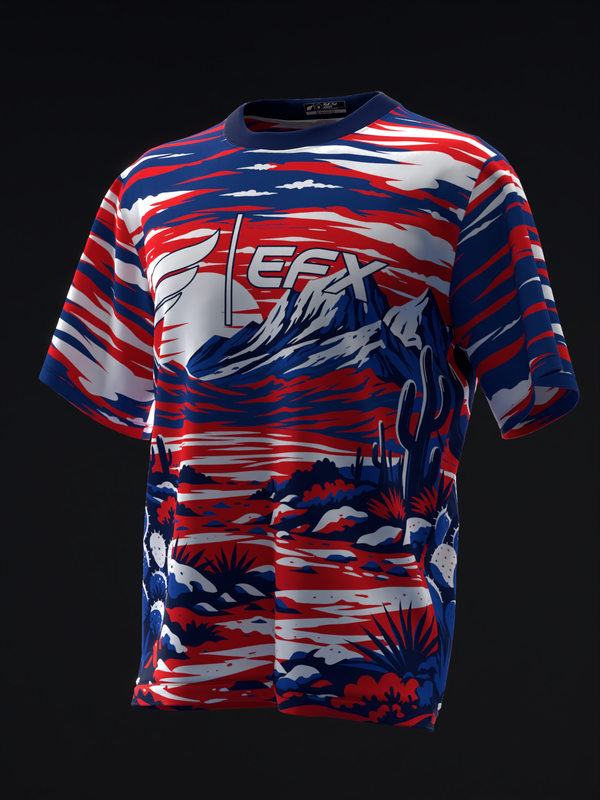 Red, white, and blue striped bowling jersey with desert and mountain graphic design, front view