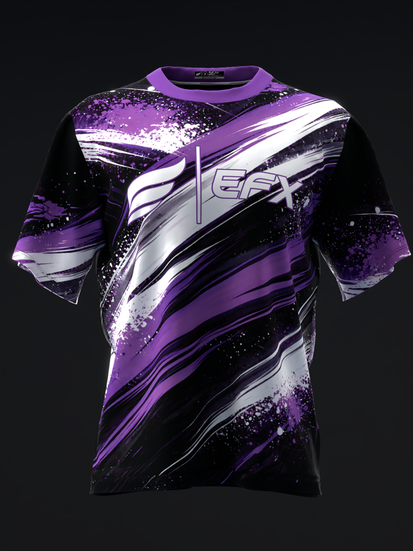 Black bowling jersey with purple, white, and silver abstract splash design, front view
