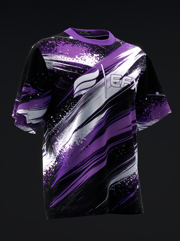 Purple and black bowling jersey with white splatter and diagonal stripe graphic design