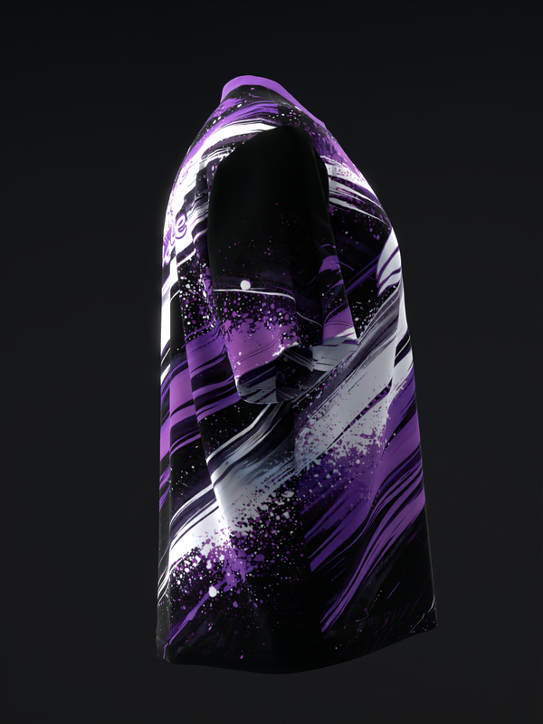 Black bowling jersey with purple, white, and gray diagonal stripes and splatter design