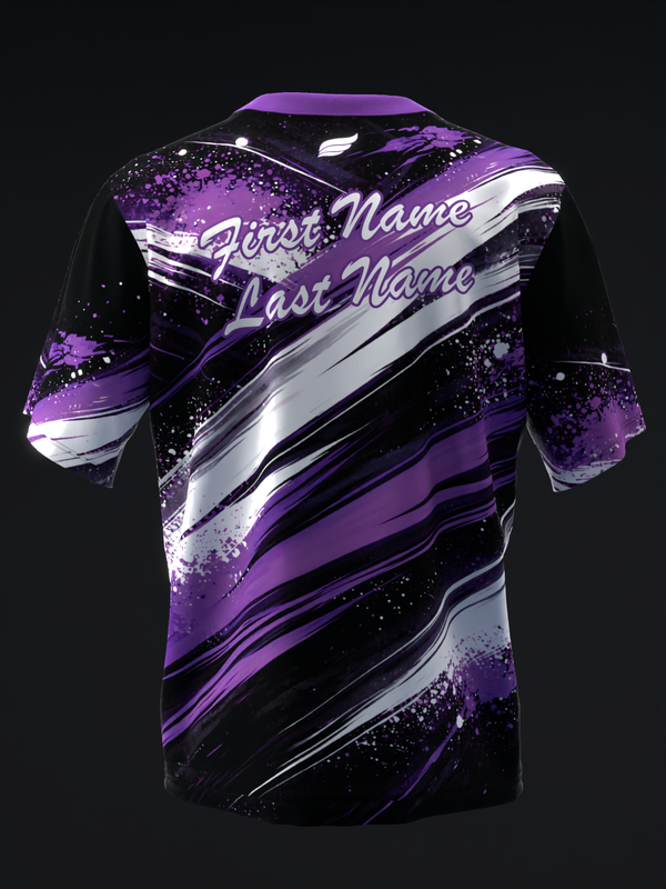 Purple and black bowling jersey with diagonal stripes and splatter design, front view