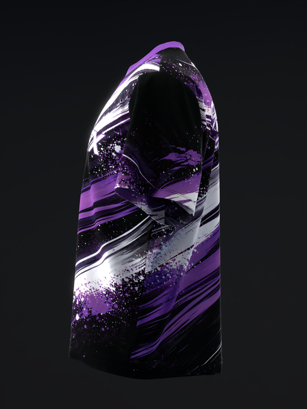 Black bowling jersey with purple, white, and silver abstract splatter design pattern