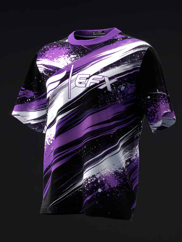Purple and black bowling jersey with diagonal white stripes and splatter design, front view