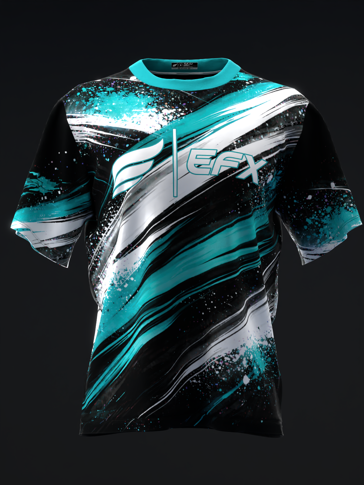 Front view of black bowling jersey with turquoise, white, and silver graphic design