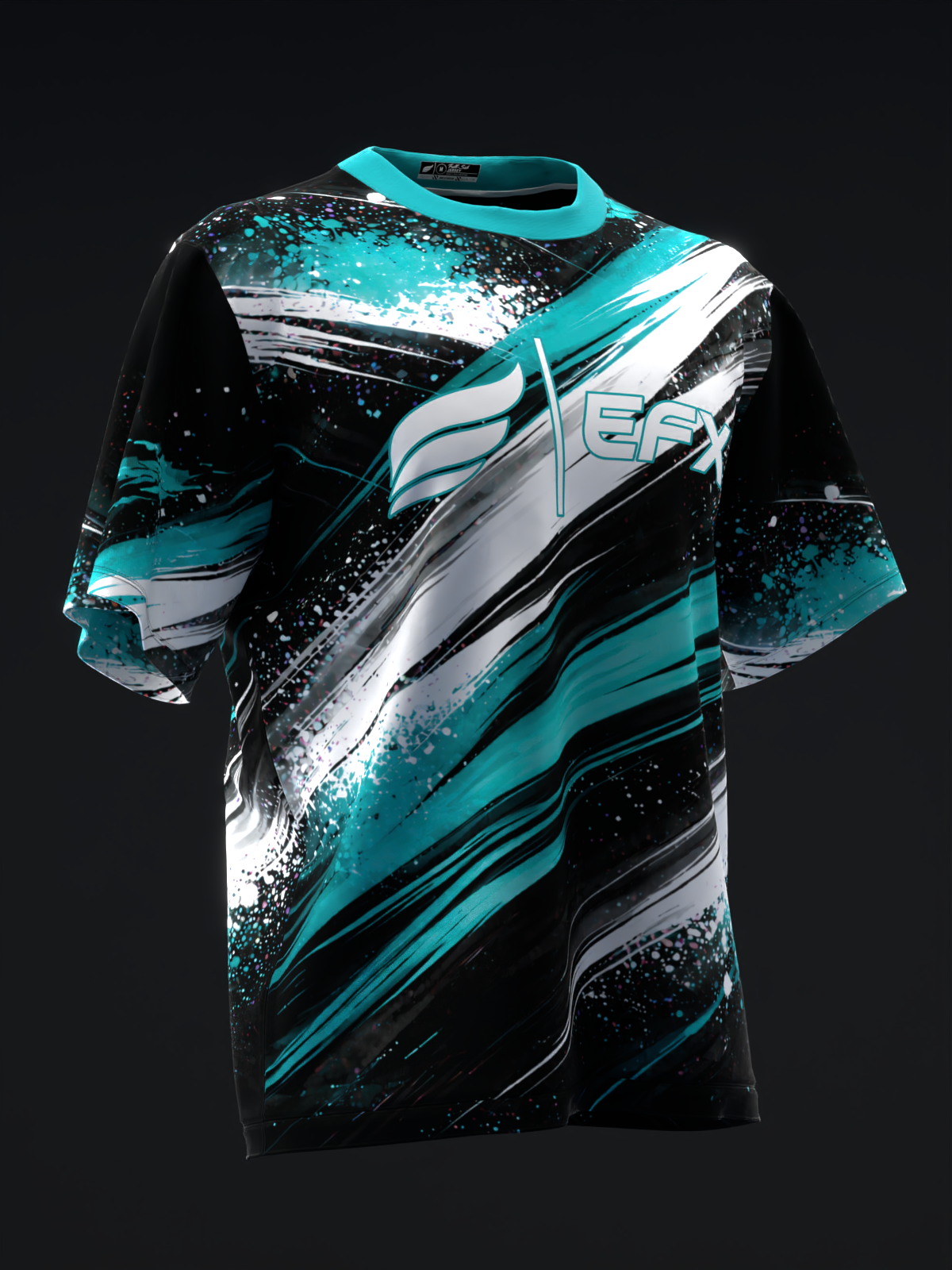 Black bowling jersey with turquoise, white, and gray abstract splatter design on front