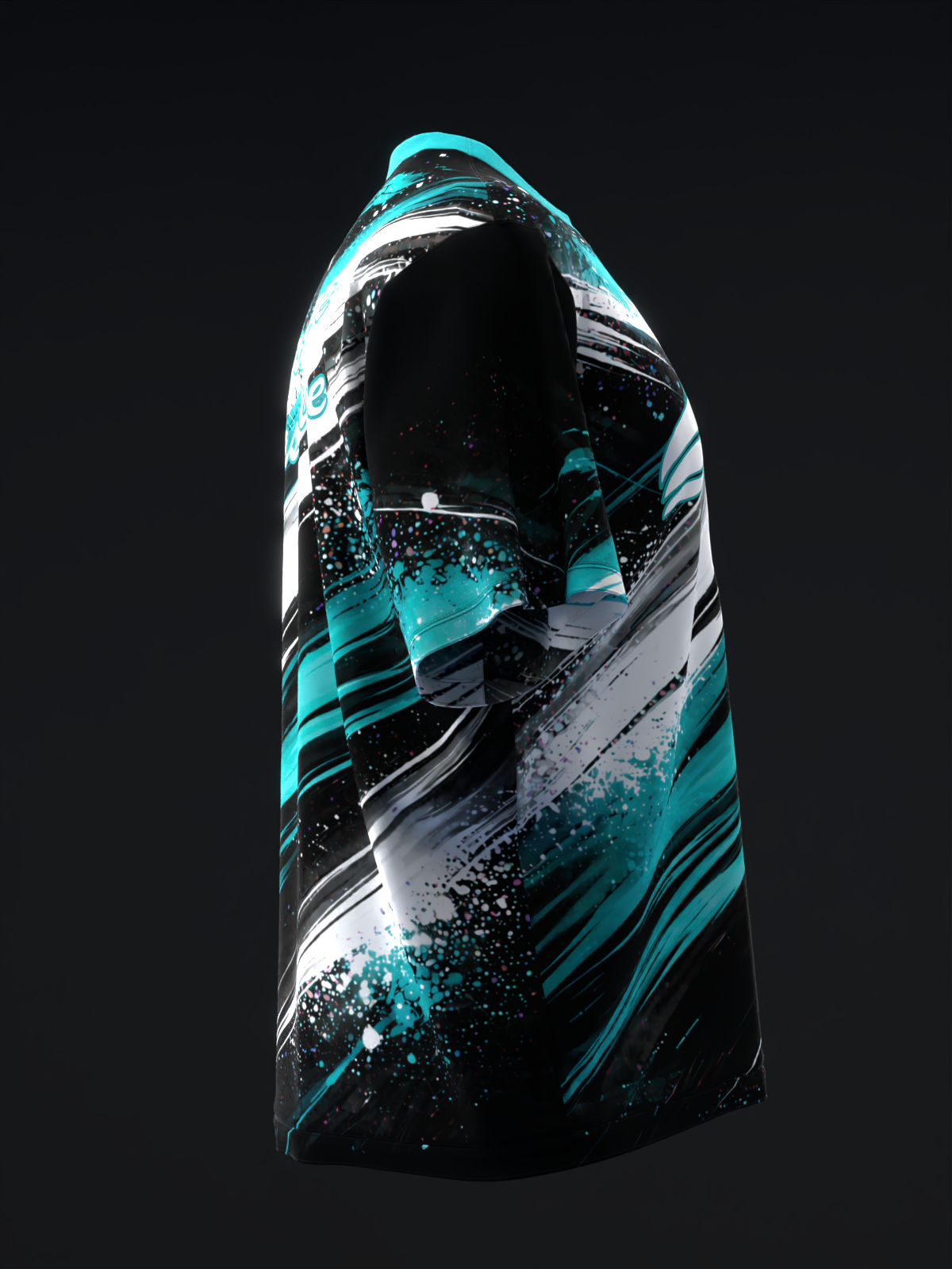 Black bowling jersey with turquoise, white, and gray diagonal stripe design
