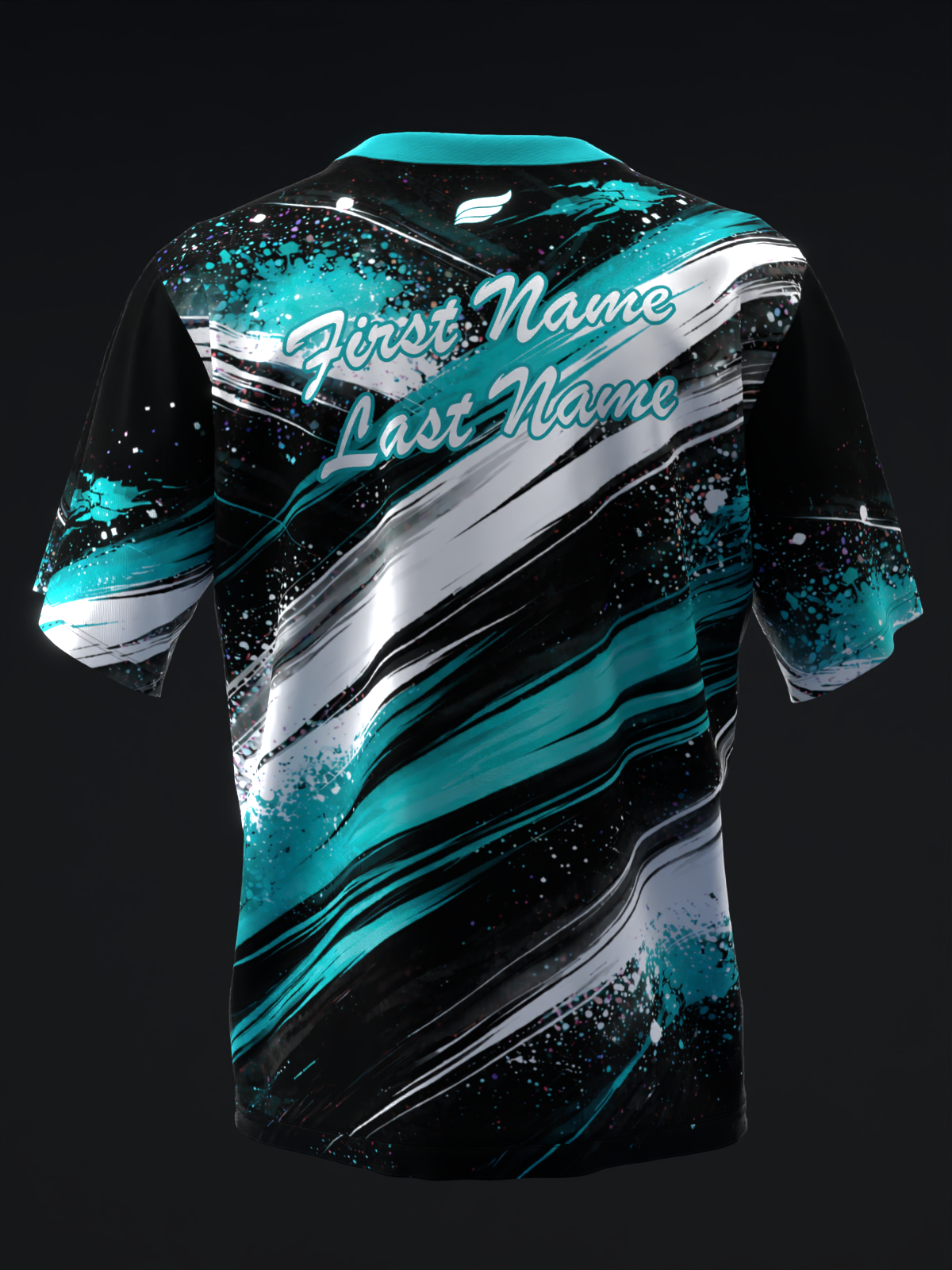 Black bowling jersey with turquoise, white diagonal stripes and splatter design