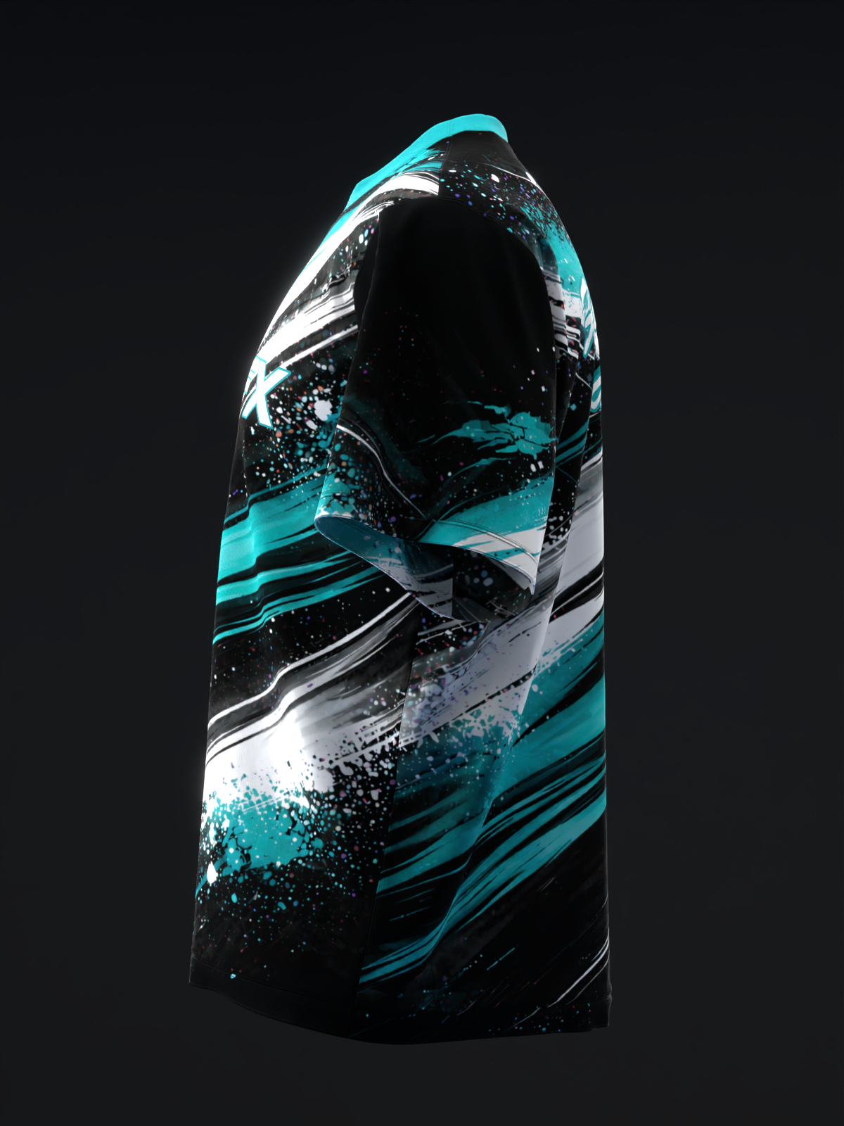 Black bowling jersey with turquoise and white splatter design, front view