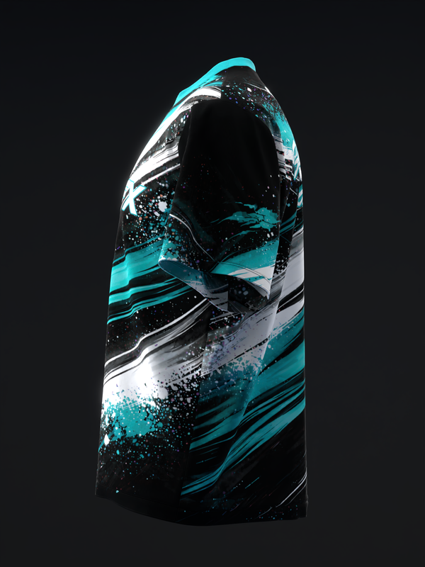 Black bowling jersey with turquoise and white splatter design, front view