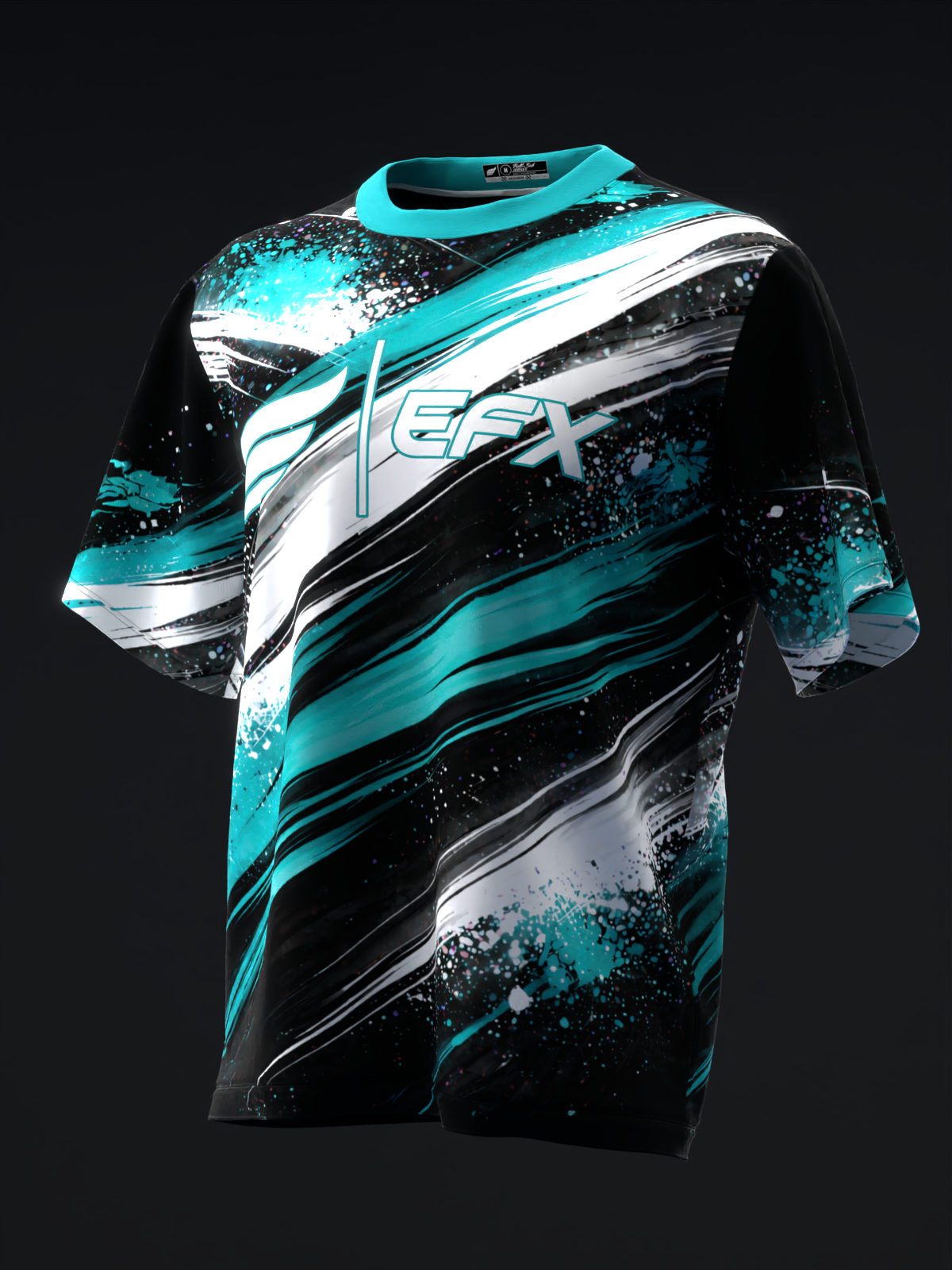 Black bowling jersey with turquoise, white, and gray diagonal stripes and splatter design, front view