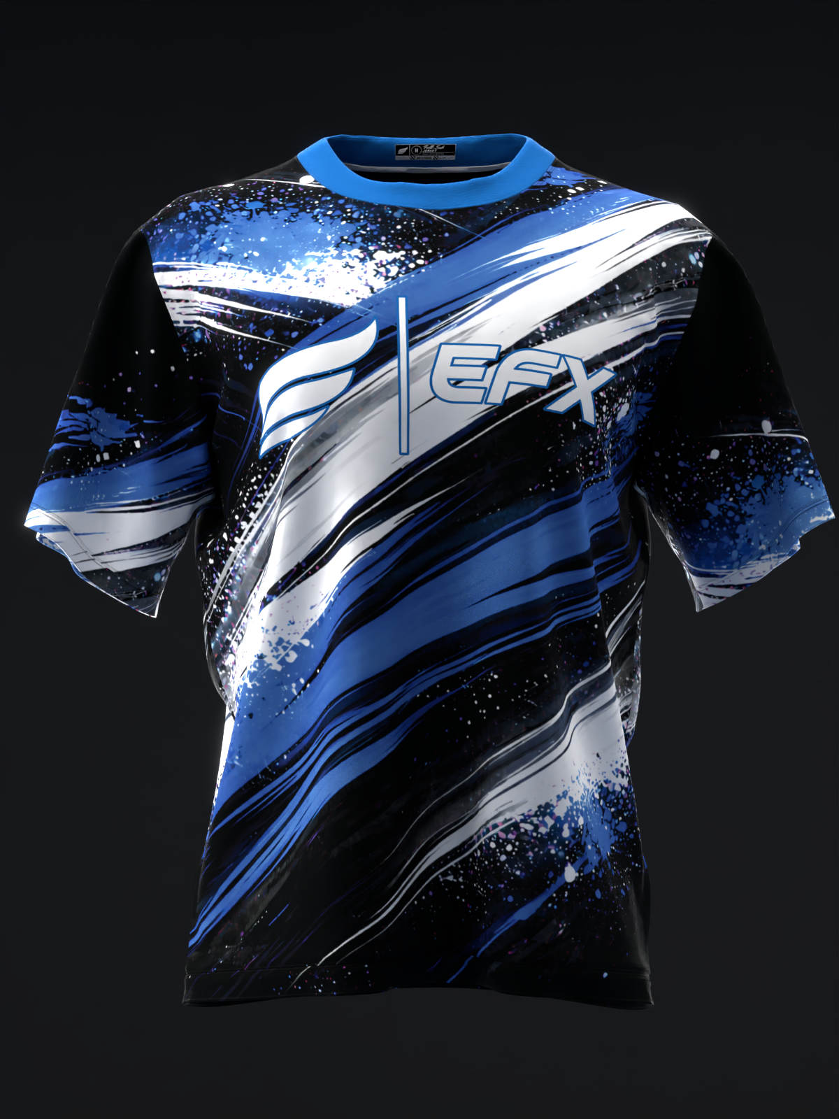 Blue and black bowling jersey with white diagonal stripes and splatter design, front view