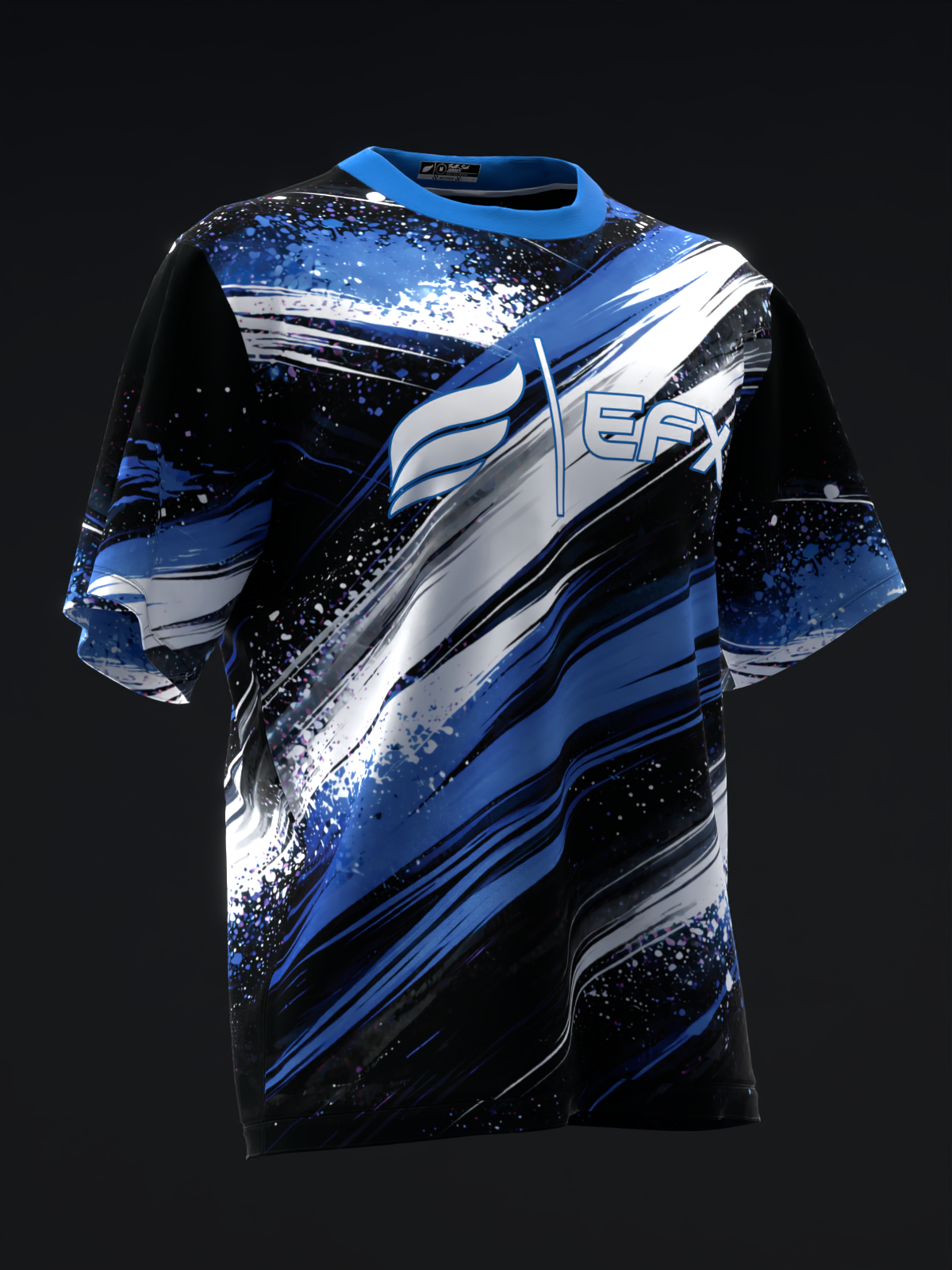 Blue, white, and black bowling jersey with dynamic splatter graphic design, front view