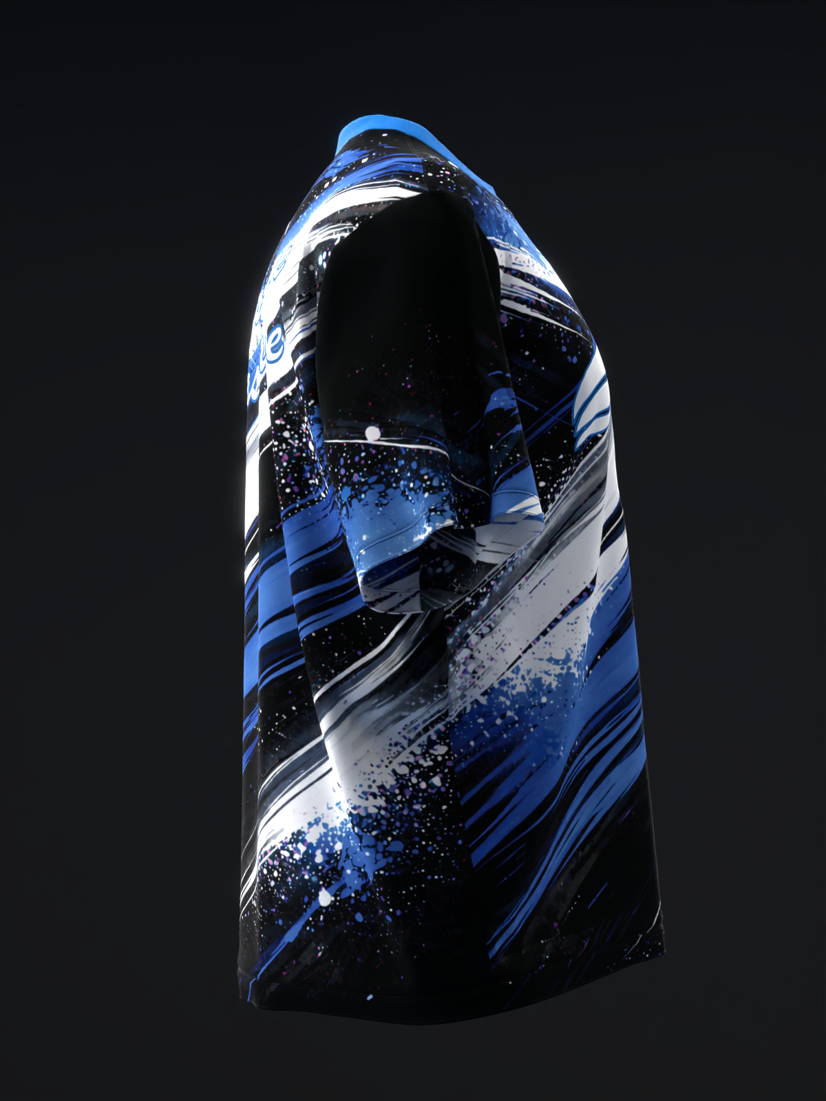 Blue and black bowling jersey with white diagonal stripes and splatter design