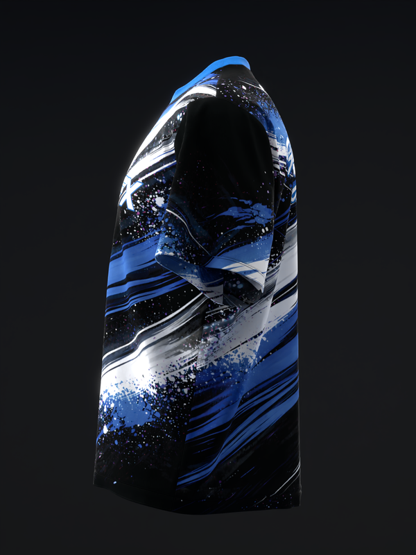 Blue and black bowling jersey with white diagonal stripes and splatter design