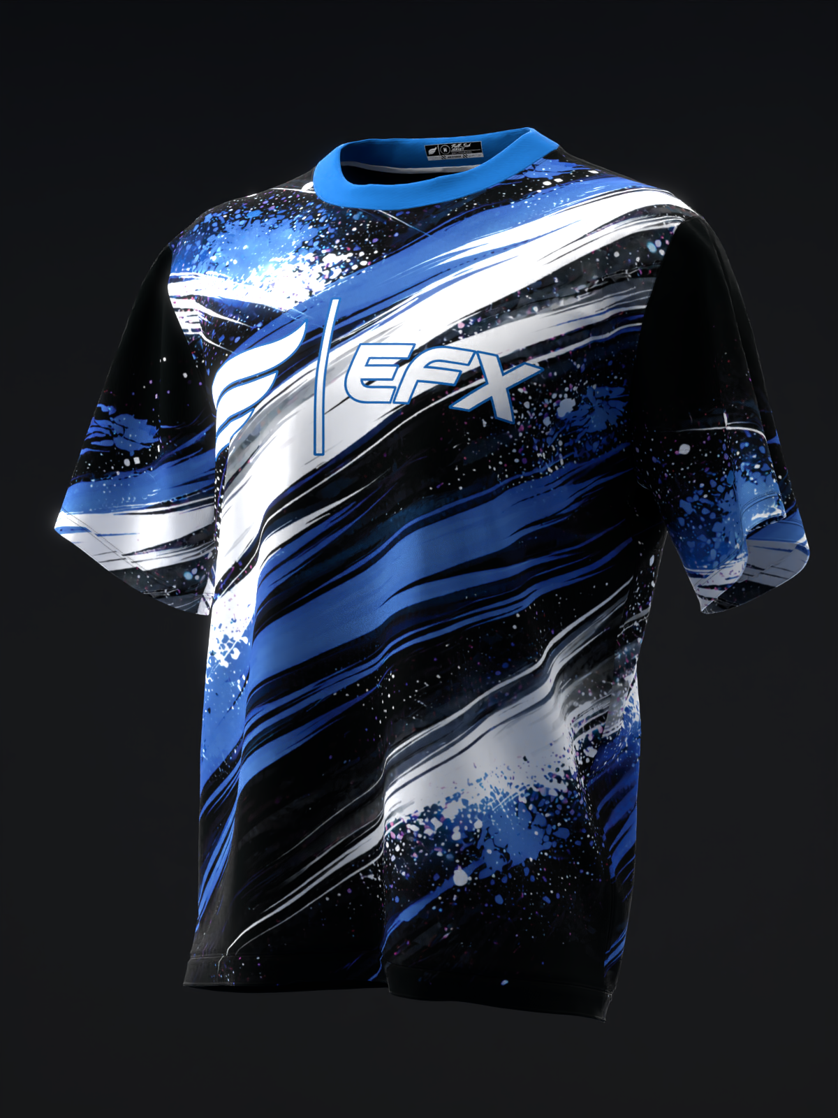 Cobalt blue bowling jersey with diagonal white and black stripes and splatter pattern, front view
