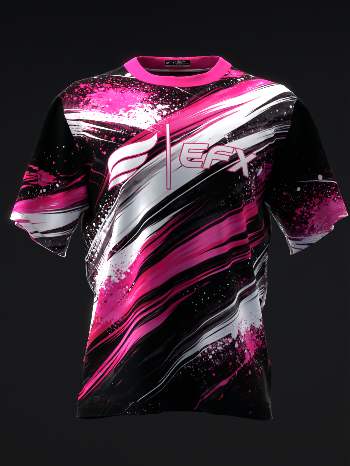 Black bowling jersey with hot pink, white, and silver diagonal striped graphic, front view