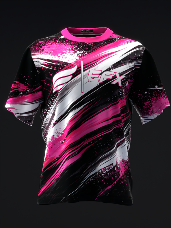Black bowling jersey with hot pink, white, and silver diagonal striped graphic, front view
