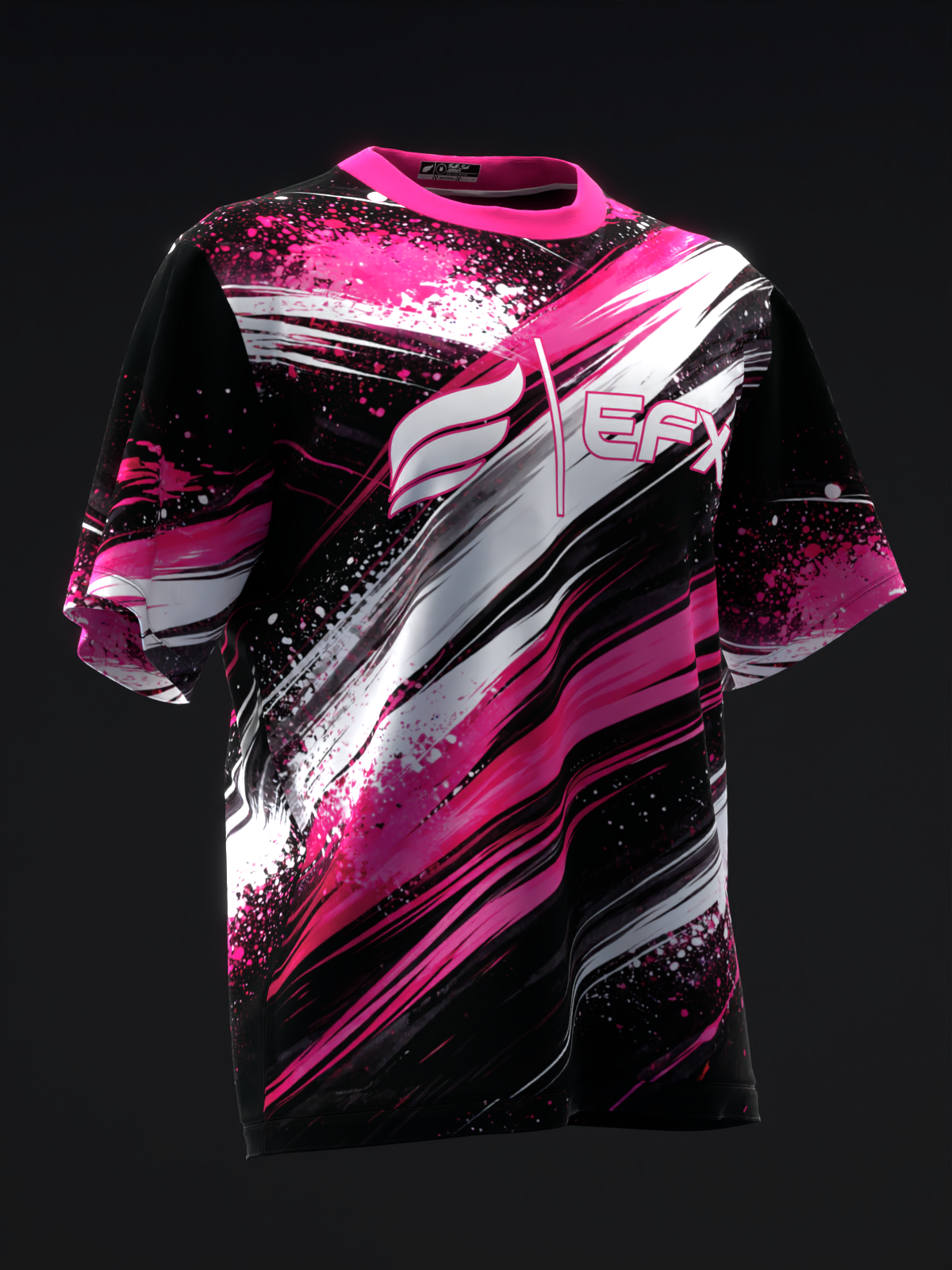Black bowling jersey with hot pink and white splatter and stripe design