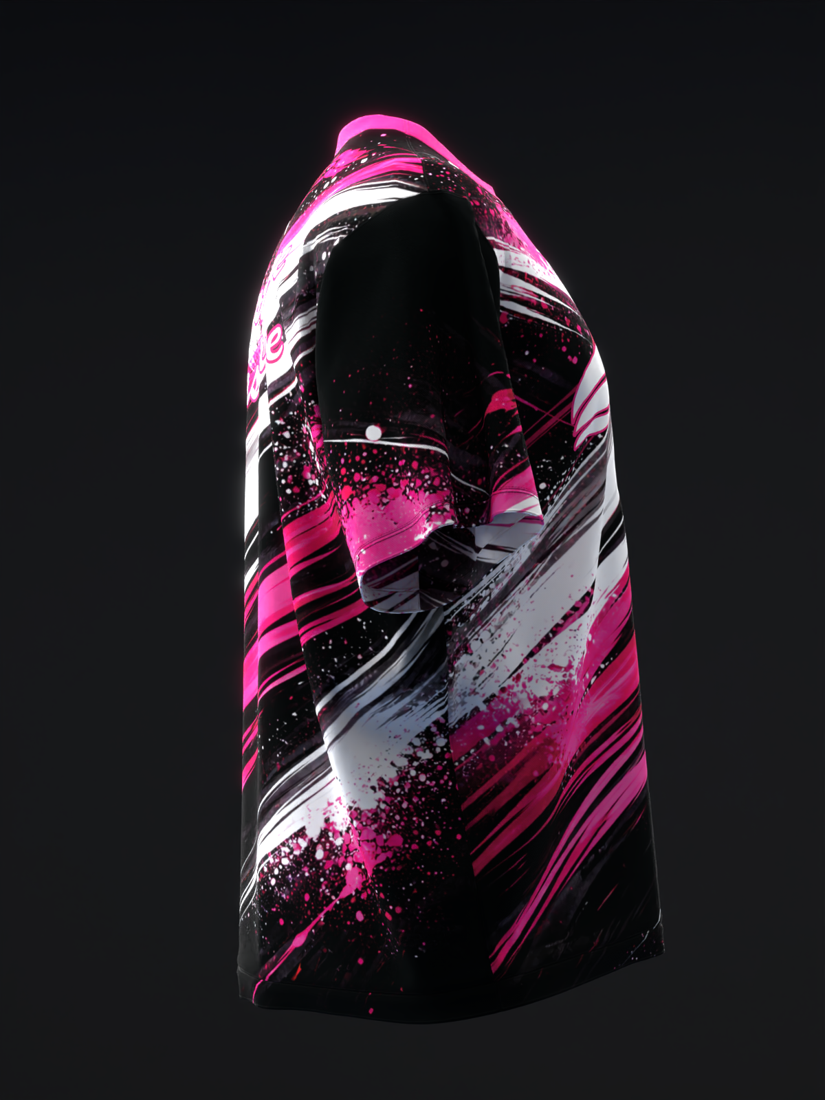 Pink, black, and white bowling jersey with abstract splatter and stripe design