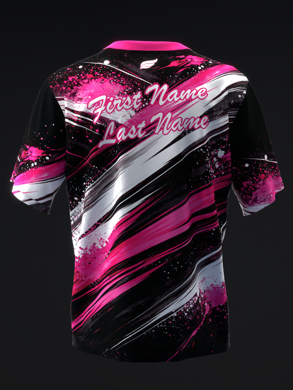 Black bowling jersey with hot pink diagonal stripes and splatter design, front view