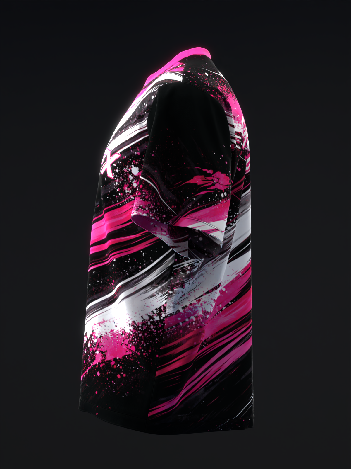 Black bowling jersey with hot pink and white abstract paint splatter design on front