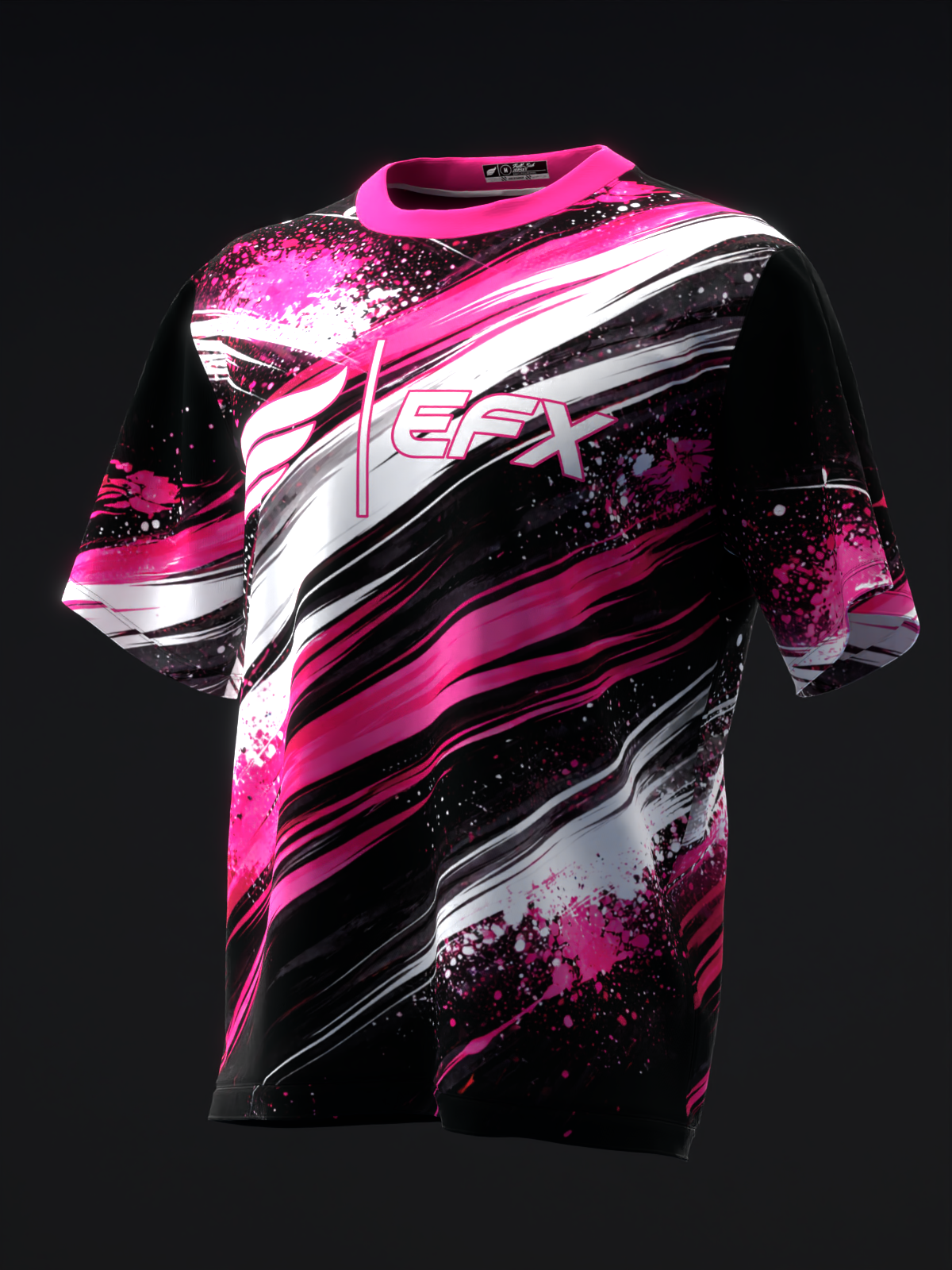 Black bowling jersey with pink, white, and gray diagonal stripes and splatter details