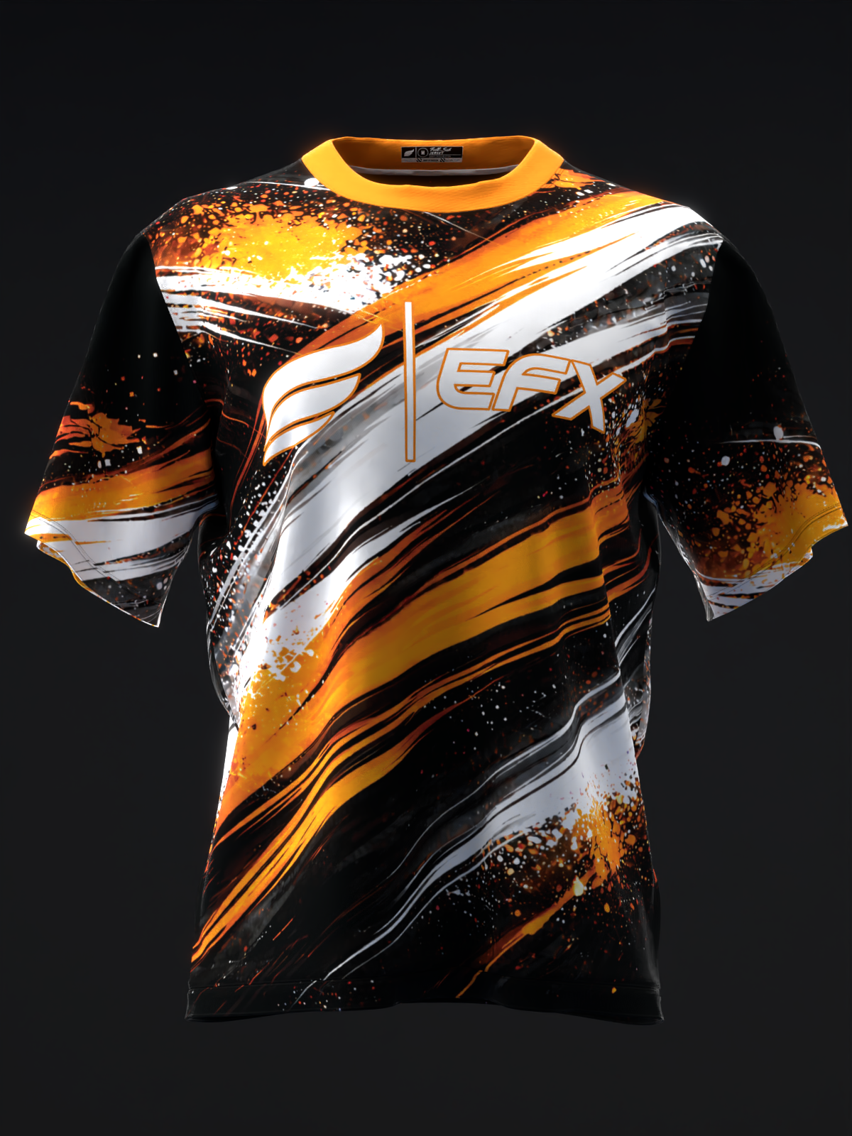 Black bowling jersey with orange and white abstract streaks and splatter design, front view